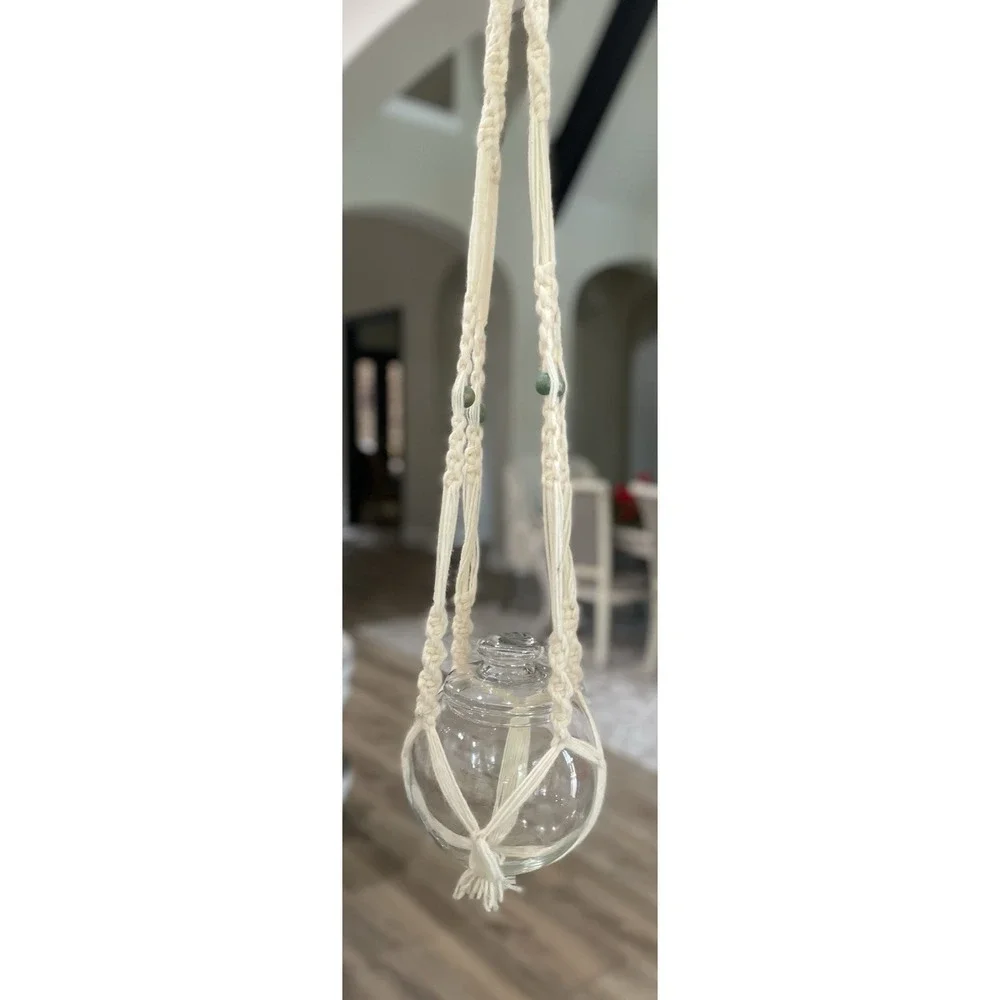 Vtg Handmade Yarn Macrame Plant Hanger Boho Indoor Hanging Lidded Jar Terrarium‎